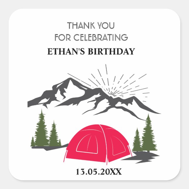 Danke Camp Birthday Boy Quadratischer Aufkleber (Vorderseite)