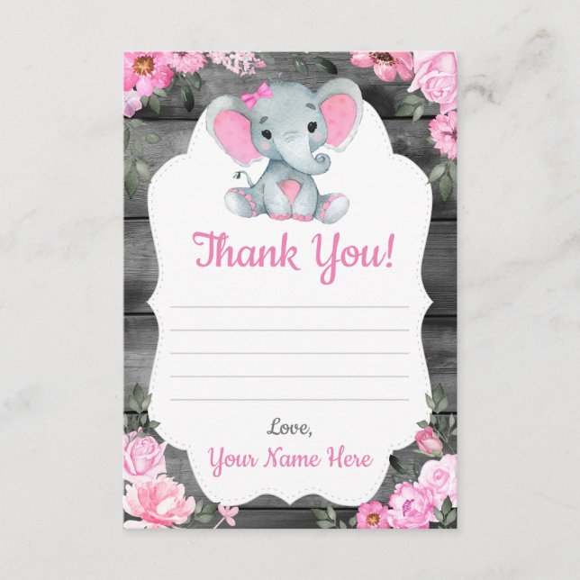 Danke Card Girl Elephant Dusche Blume Rustikal Begleitkarte (Vorderseite)