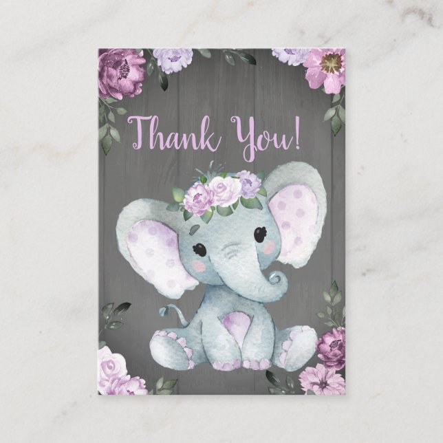 Danke Card Girl Elephant Dusche Lila rustikal Begleitkarte (Vorderseite)