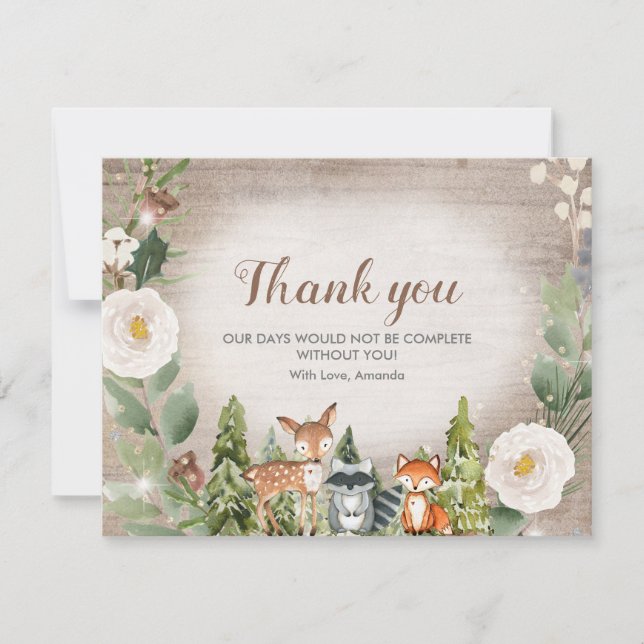 Danke Card Winter Woodland Animal White Floral (Vorderseite)
