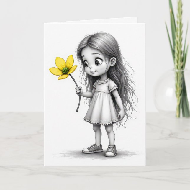 Danke Chibi Child mit gelber Blume Karte (Vorderseite)