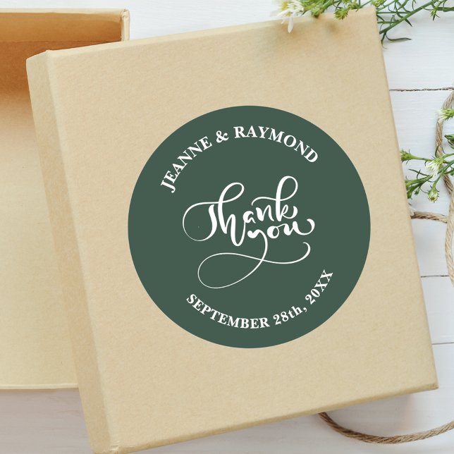 Danke Chic Calligraphy Sage Green Wedding Runder Aufkleber (Von Creator hochgeladen)