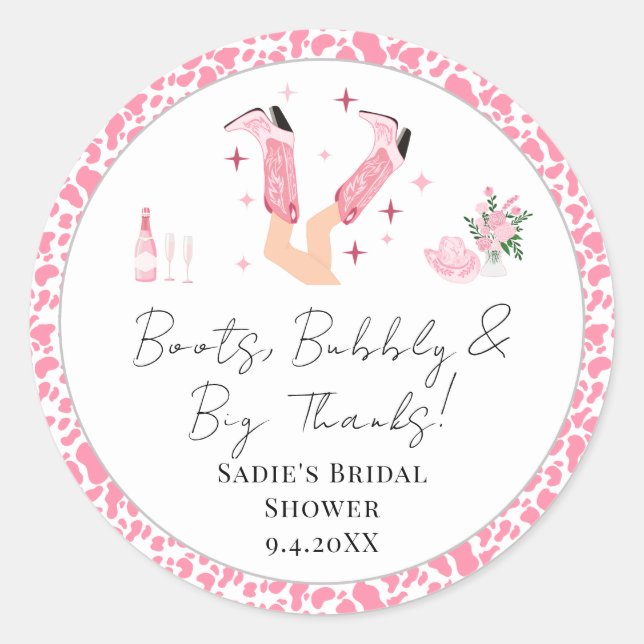 Danke Cowboy Boots & Bubbly Brautparty Runder Aufkleber (Vorderseite)