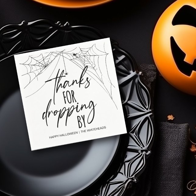 Danke, dass du von Halloween-Party Napkins gefalle Serviette (Thanks for dropping by spooky Halloween napkins featuring a spider web in the corners.)