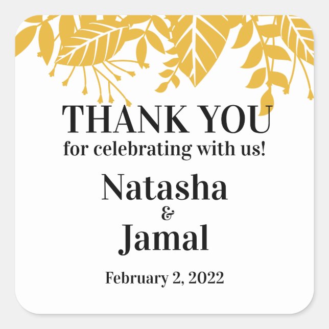 Danke! Elegant Mustard Yellow Blätter Wedding Quadratischer Aufkleber (Vorderseite)