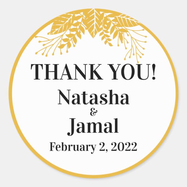 Danke! Elegant Mustard Yellow Blätter Wedding Runder Aufkleber (Vorderseite)