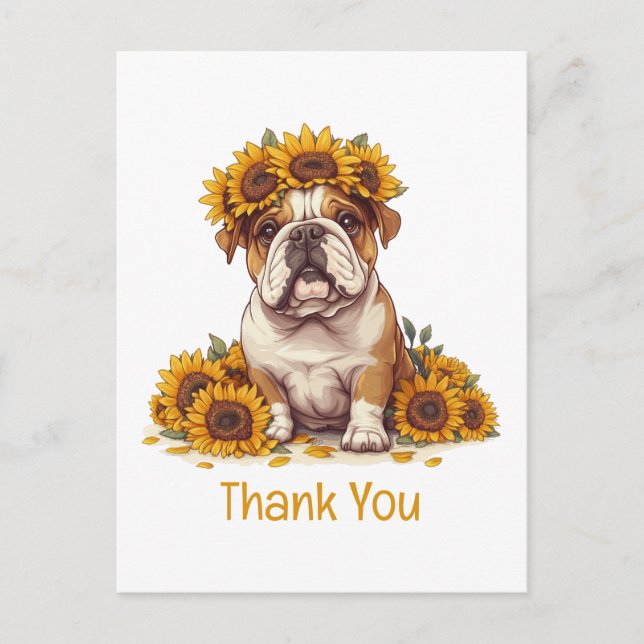 Danke, English Bulldog Sunflower Crown Postkarte (Vorderseite)