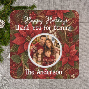 Danke Familie Foto Florales Karmesinrot Weihnachte Quadratischer Aufkleber