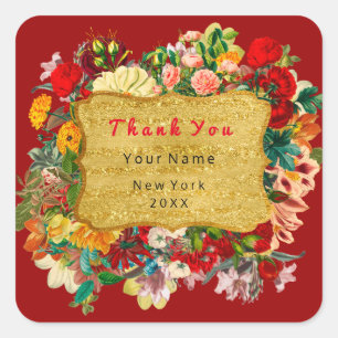 Danke Favor Golden Frame Rosen Floral Burgund Quadratischer Aufkleber