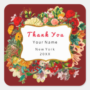 Danke Favor Golden Rahmen Rosen Floral Rot Quadratischer Aufkleber