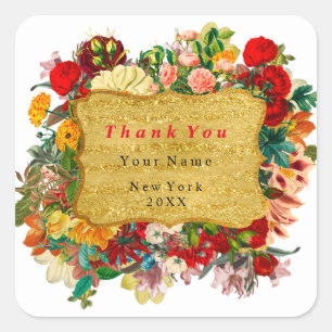 Danke Favor Goldener Rahmen Rosen Floral Weiß Quadratischer Aufkleber