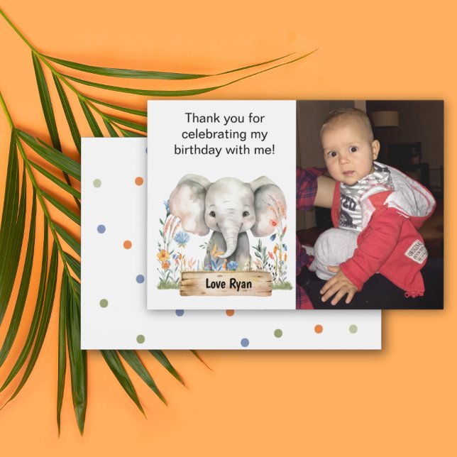 Danke für das Kinderfoto (Safari Jungle Elephant Colorful Flowers Dots Personalizable Photo Birthday Thank You Card)