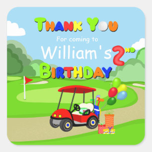 Danke für den 2. Geburtstag Rotes Golfcart Jungen Quadratischer Aufkleber