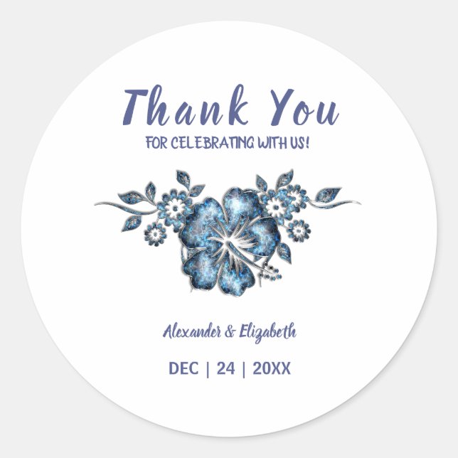 Danke für die Hochzeit, blaue Blume Runder Aufkleber (Vorderseite)