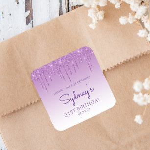 Danke für die Purple Glitter Drip zum 21. Geburtst Quadratischer Aufkleber