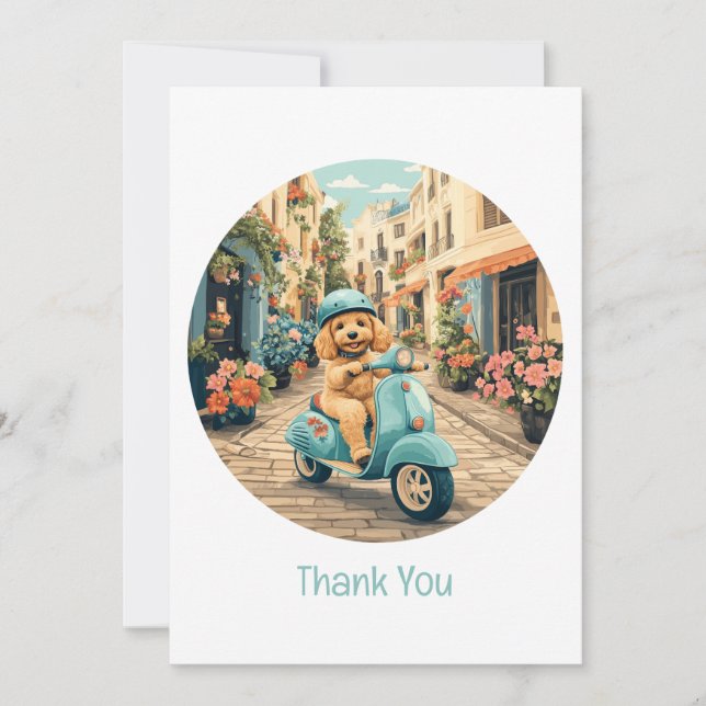 Danke Goldendoodle Hund fährt Roller (Vorderseite)