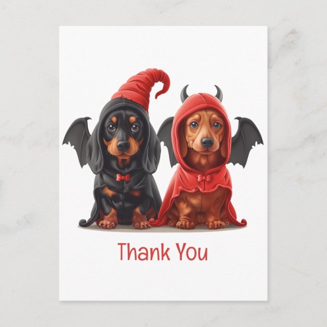 Danke Halloween Dackel Hunde Devil Bat Postkarte (Vorderseite)