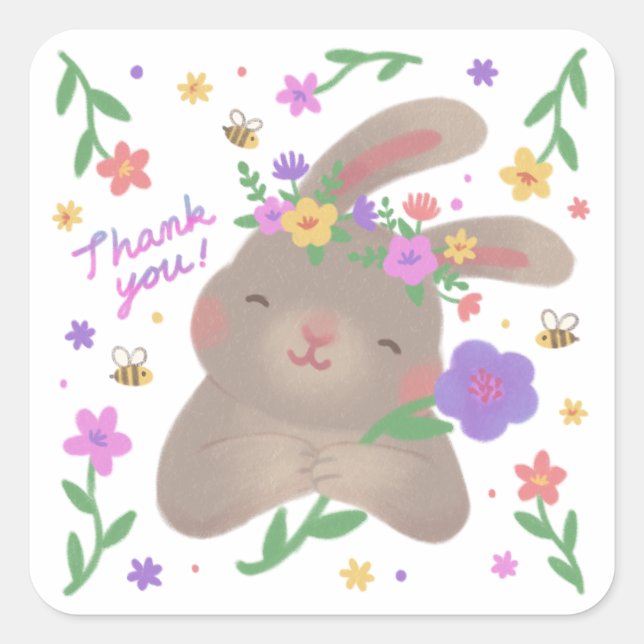 Danke: Hase mit Blumen Quadratischer Aufkleber (Vorderseite)