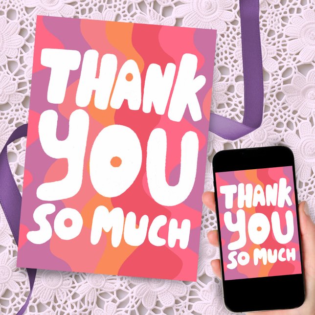 DANKE IHNEN farbenfrohe rosa, kurvenreiche Streife Karte (Hand made bubble letters decorate this bold pink thank you card. Customize and send digitally too!)
