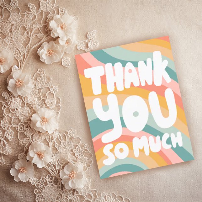 DANKE IHNEN SO VIEL Pastell Rainbow Stripes CUSTOM Postkarte (Pastel rainbow stripes thank you handlettering bubble letters custom postcard)