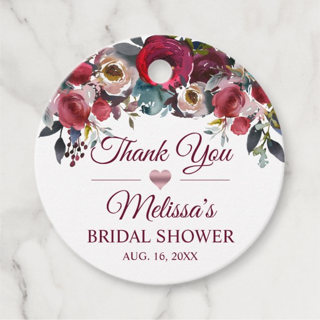 DANKE IHNEN Watercolor Floral Burgundy Brautparty Geschenkanhänger (Vorderseite)