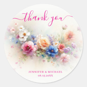 Danke Ihr benutzerdefinierter Text Aquarell Blumen Runder Aufkleber
