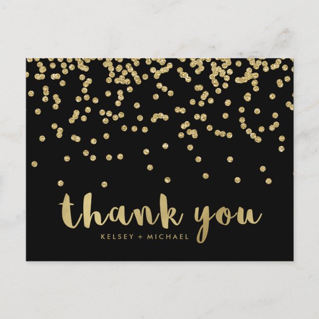 Danke | Imitats Gold Confetti auf Black Postkarte (Vorderseite)