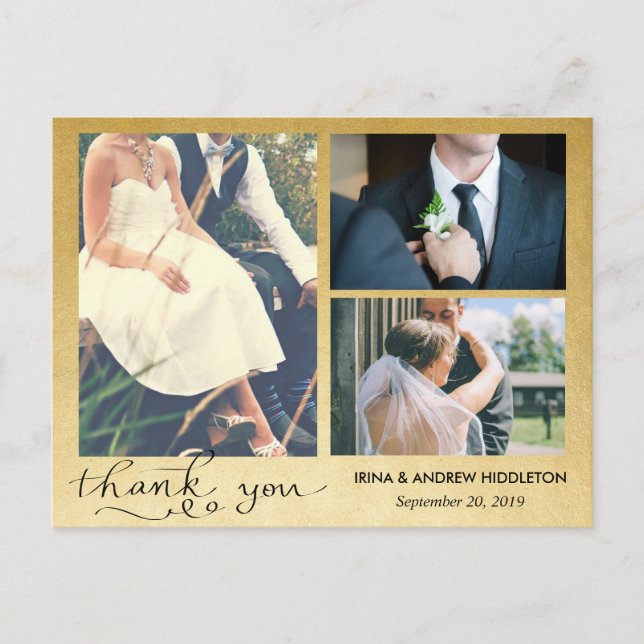 Danke | Imitats Gold Foil | Drei Hochzeiten Fotos Postkarte (Vorderseite)