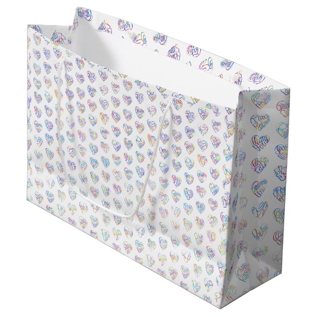 Danke in 44 Sprachen als herzförmiges DC-Muster Große Geschenktüte (Vorderseite Schrägansicht)
