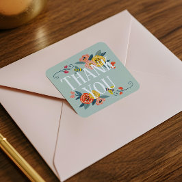 Danke | Lebhafte Wildblumen und Honigbienen Quadratischer Aufkleber