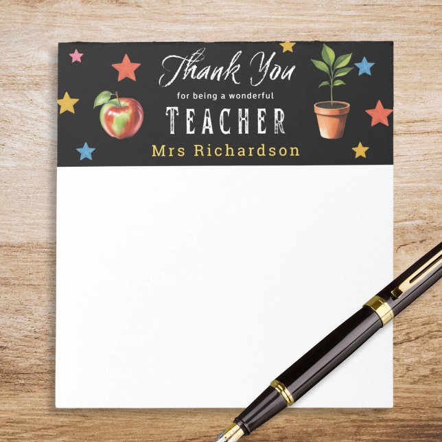 Danke Lehrer Personalisierter Apfel Kreidestern Notizblock (A personalized note pad with message 'Thank you for being a wonderful teacher')
