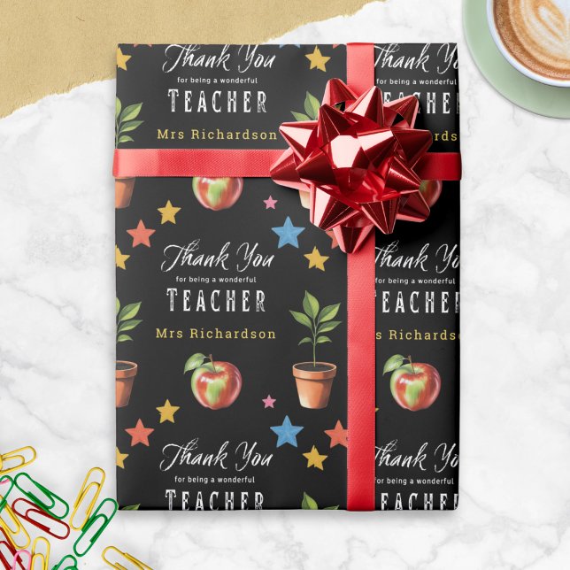 Danke Lehrer Tafel Apfel Personalisiert Geschenkpapier (Personalized gift wrap with 'Thank you for being a wonderful teacher', apples, stars and plants)