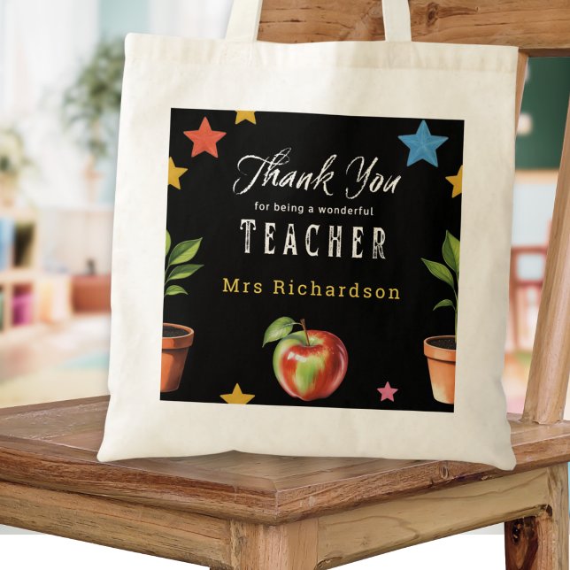 Danke Lehrer Tafel Apfel Personalisiert Tragetasche (A personalized tote bag with message 'Thank you for being a wonderful teacher' in a chalkboard style)