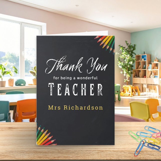 Danke Lehrer Tafel Stifte Personalisiert (A thank you card for a teacher, with chalkboard design and personalized name)