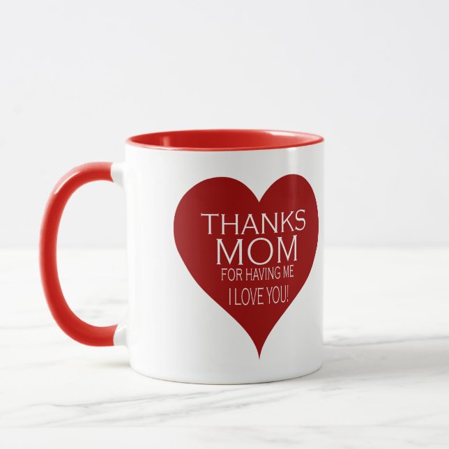 DANKE MAMA FÜR MICH Rotes Herz Typografie Tasse (Links)