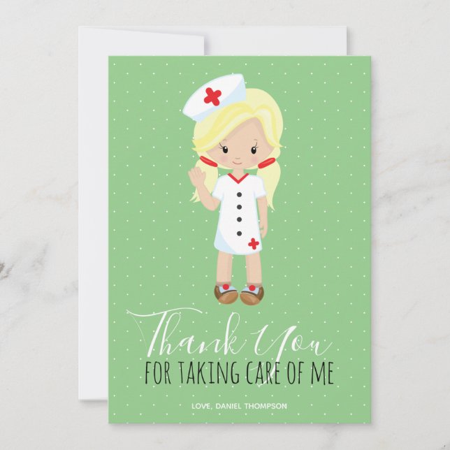 Danke Mint Green Script Blonde Cartoon Nurse (Vorderseite)