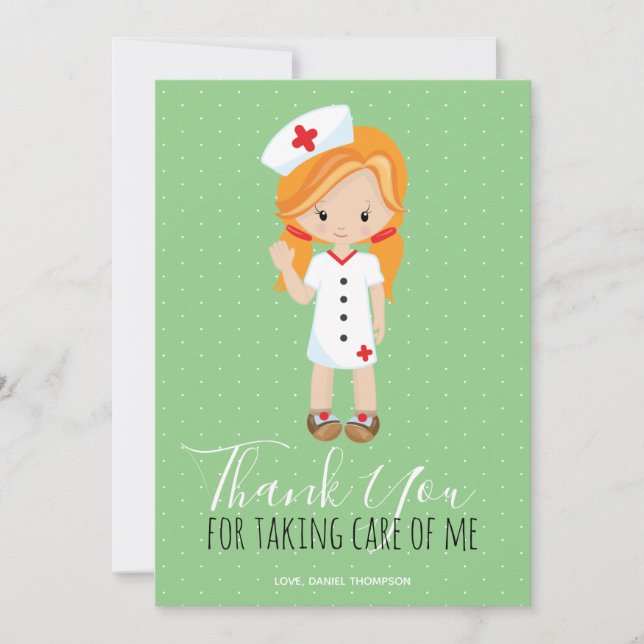 Danke Mint Green Script Ginger Cartoon Nurse (Vorderseite)