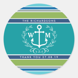 Danke Mongram Anchor Laurel Wreath Stripes Runder Aufkleber