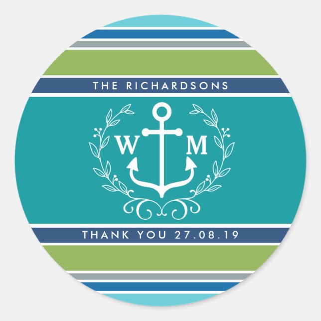 Danke Mongram Anchor Laurel Wreath Stripes Runder Aufkleber (Vorderseite)