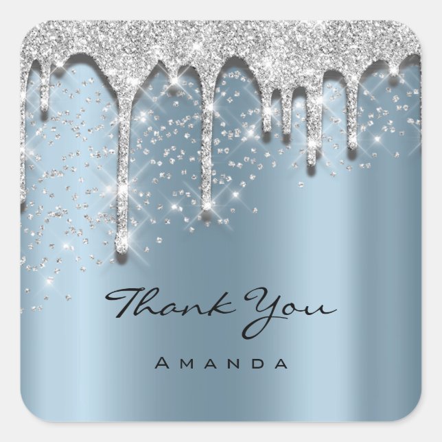 Danke Name 16. Baby Shower Glitzer 3D Silver Blue Quadratischer Aufkleber (Vorderseite)