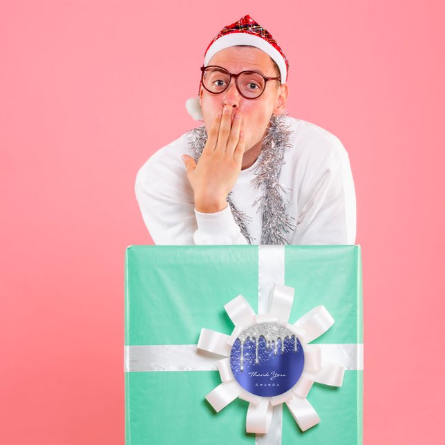 Danke Name 16. Bridal Black Glitzer 3D Royal Blue Runder Aufkleber (Thank Name 16th Bridal Black Glitter 3D Royal Blue Classic Round Sticker)