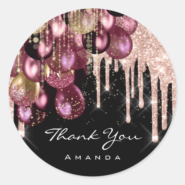 Danke Name 16. Bridal Glitzer Ballon Rose Berry Runder Aufkleber (Vorderseite)