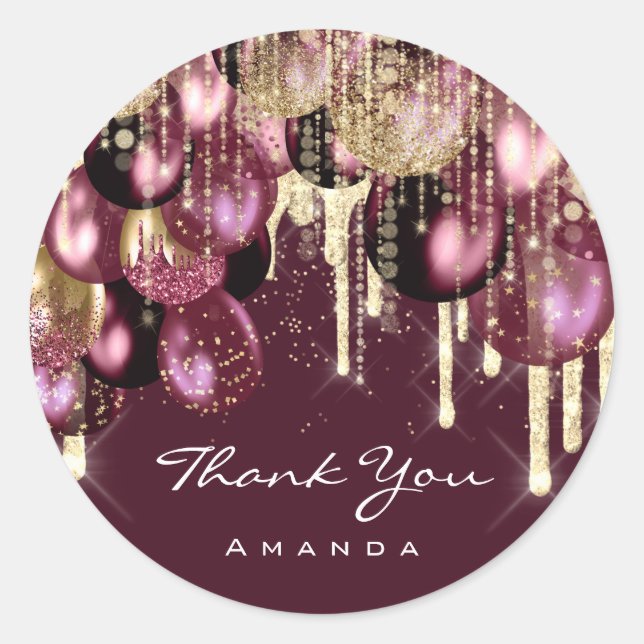 Danke Name 16. Bridal Wedding Ballon Gold Burgund Runder Aufkleber (Vorderseite)