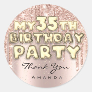 Danke Name 35. Geburtstagsparty Glittertropfen Ros Runder Aufkleber