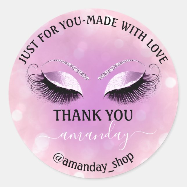 Danke Name Boutique Eyelash Shop Pink Violet Girly Runder Aufkleber (Vorderseite)