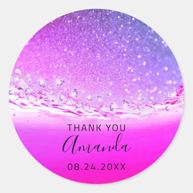 Danke Name Datum Spark Bridal Fuchsia Pink Runder Aufkleber (Vorderseite)