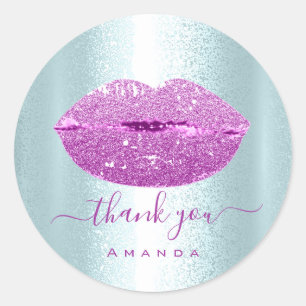Danke Name Sweet16. Blue Glitzer VIP Kiss Lips Runder Aufkleber