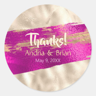 Danke Namen Datum Fuchsia & Platin Faux Metallic Runder Aufkleber