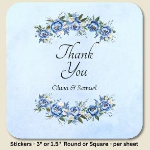 Danke & Namen von Braut & Bräutigam Blaue Päonie Quadratischer Aufkleber