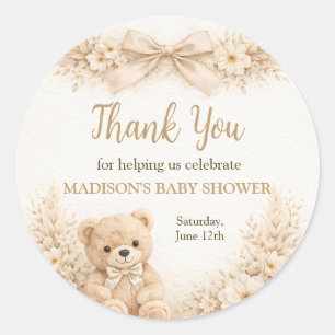 Danke Neutraler Teddybär Baby Shower Boho Runder Aufkleber
